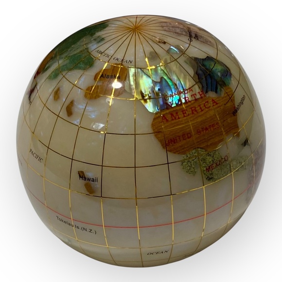 3” Gemstone Globe Paperweight with Opalite Ocean Semi-Precious Stone World Map - Picture 5 of 11